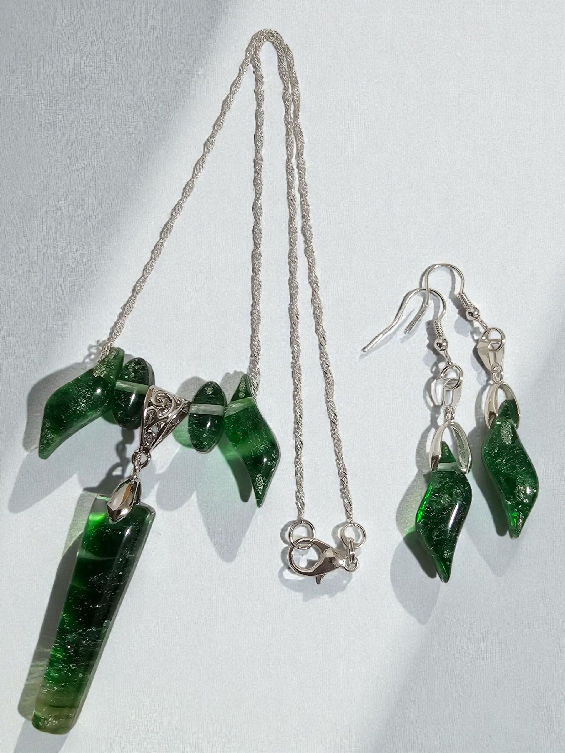 Green and silver Necklace and earring set