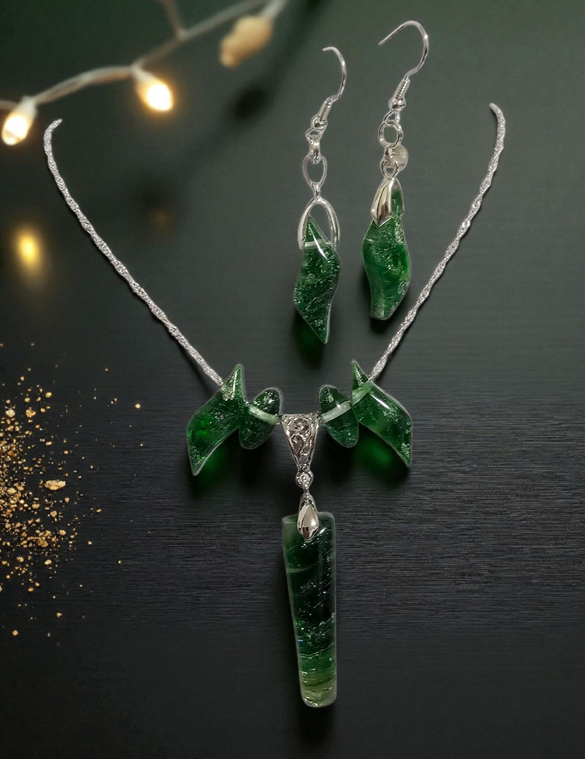 Green and silver Necklace and earring set